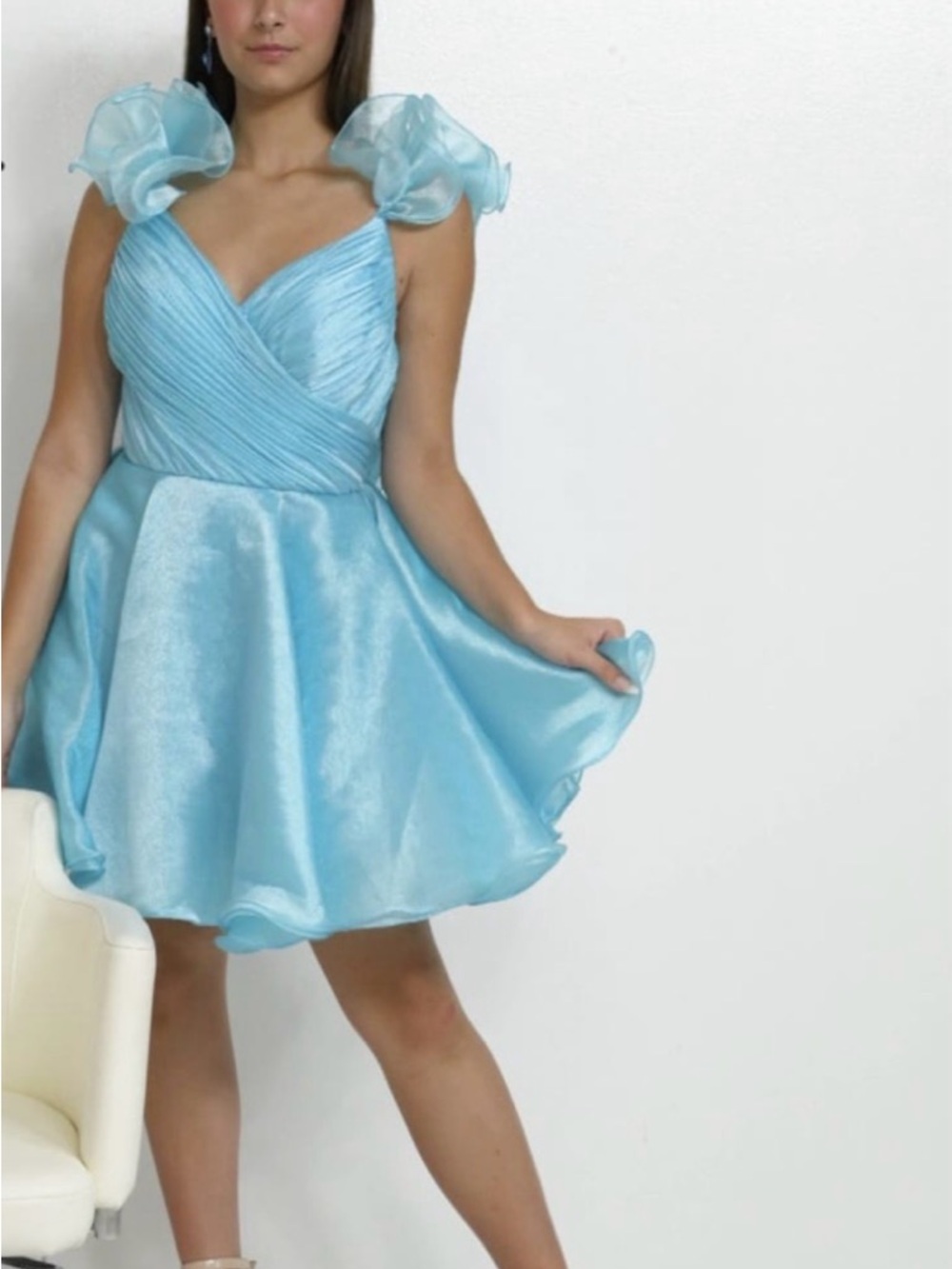 Ashley Lauren Light Blue Organza Puff Shoulder Party Dress